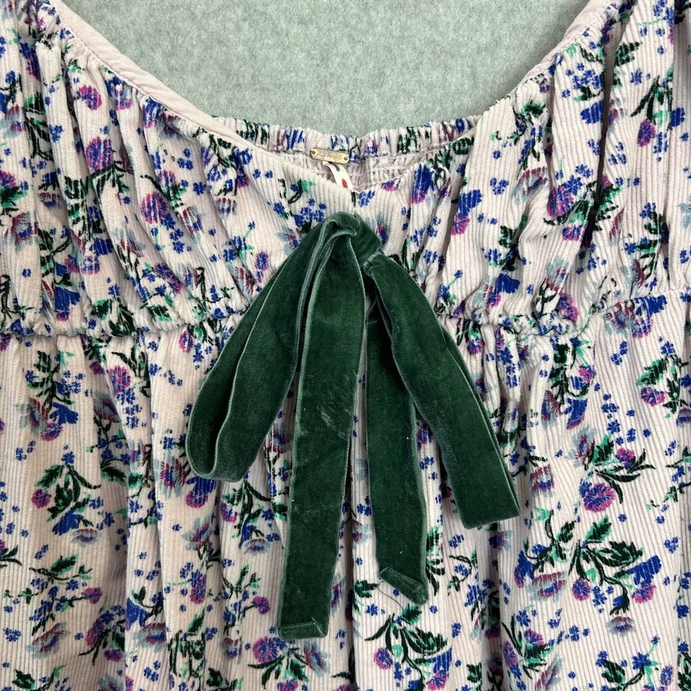 Free People Large Babydoll Top Pink Gaia Corduroy Floral Puff Sleeve Velvet Bow